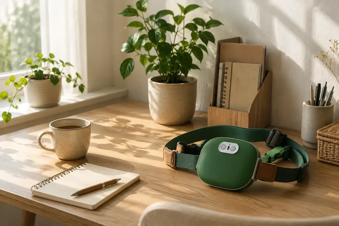 Eine Arbeitsecke am Fenster: Pflanzen, eine Tasse und ein Notizbuch auf dem Schreibtisch, daneben das Massagegerät