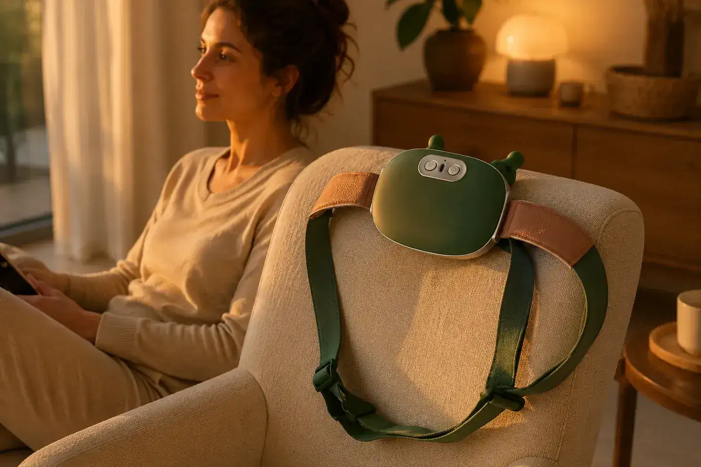 Das abgelegte Massagegerät hängt über der Lehne eines Sessels, im Hintergrund ein Wohnzimmer