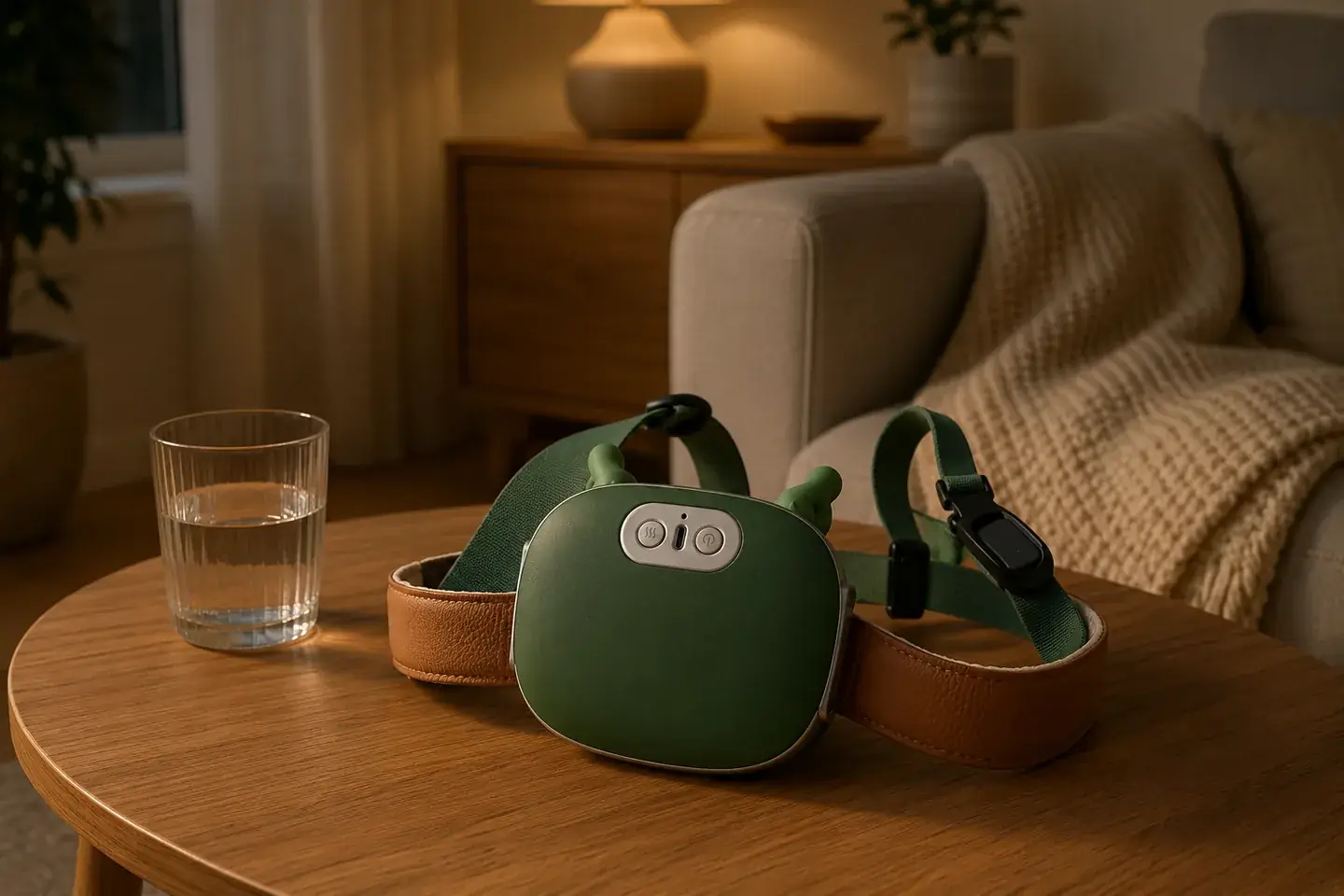 Das ausgeschaltete Massagegerät liegt auf einem runden Couchtisch neben einem Glas Wasser