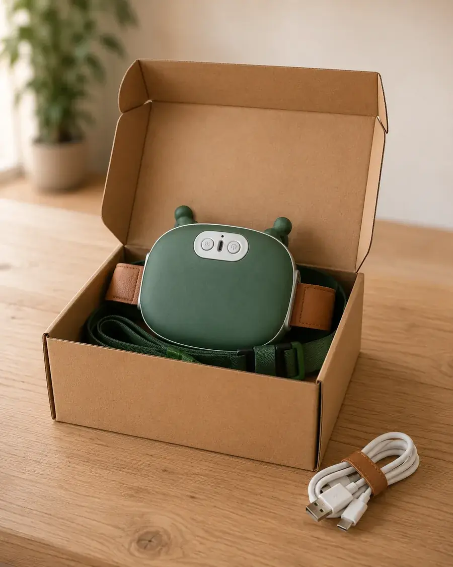 Das Massagegerät in seiner geöffneten Kartonverpackung, daneben das weiße Ladekabel
