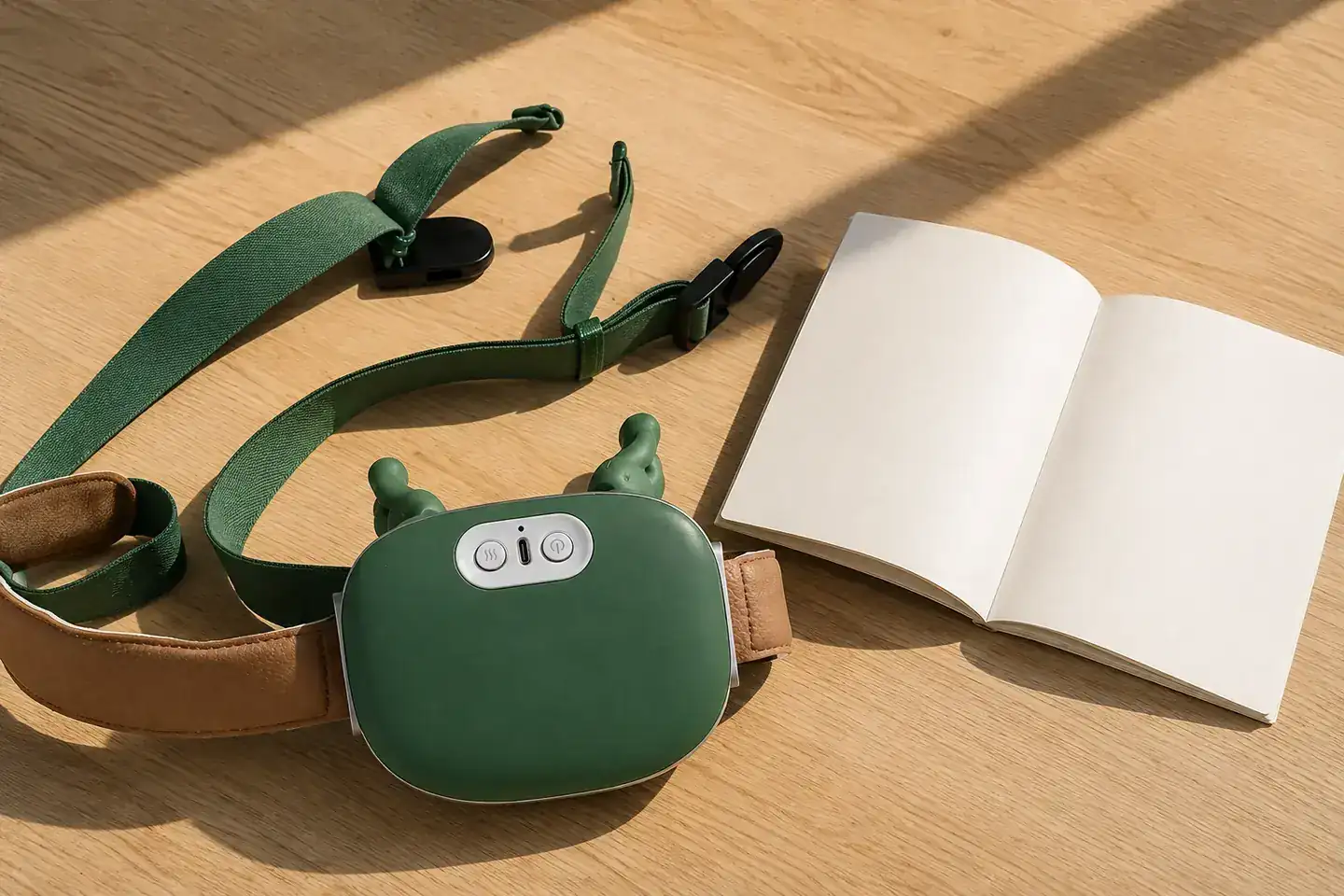 Das Massagegerät neben einem aufgeschlagenen, leeren Heft auf einem Holztisch