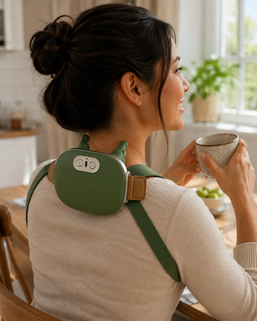 Eine Frau steht morgens mit einer Tasse am Fenster und trägt das Massagegerät