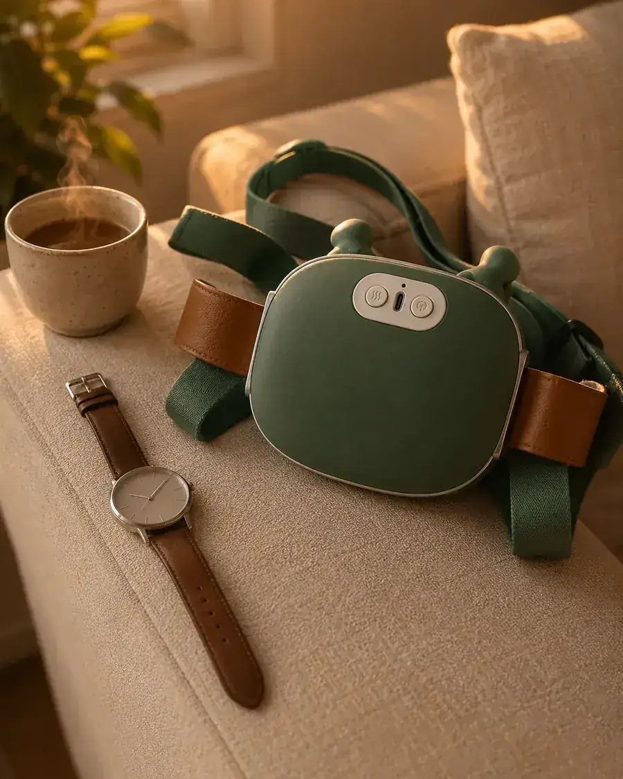 Das Massagegerät auf einer Sessellehne, daneben eine Tasse und eine Armbanduhr