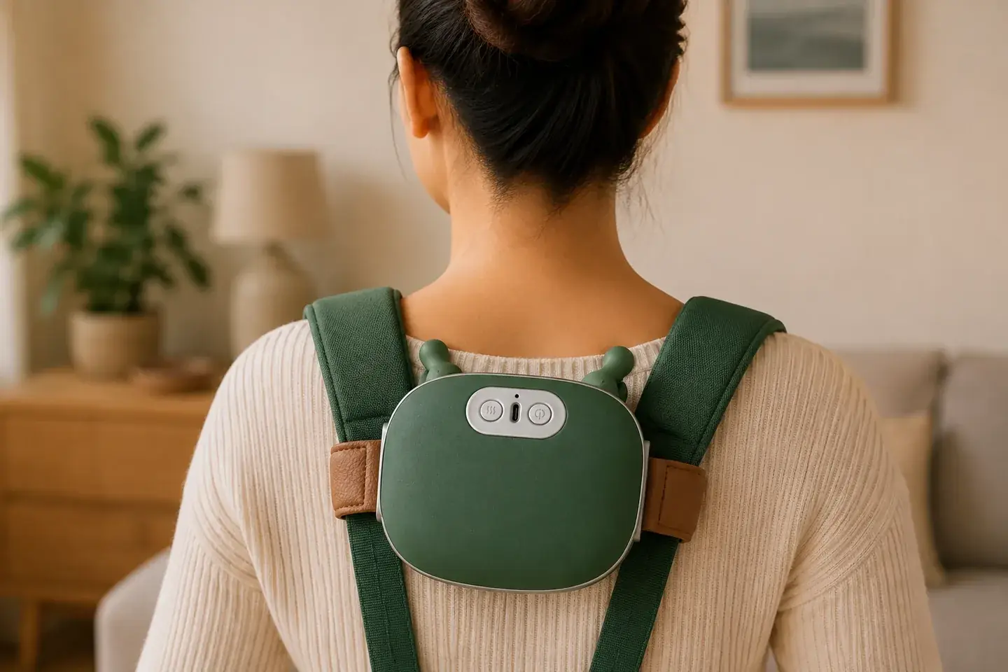 Das Massagegerät auf dem oberen Rücken und den Trapezmuskeln, von hinten