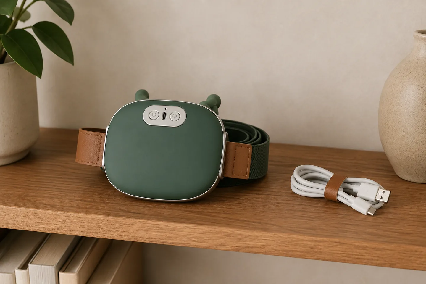 Das Massagegerät liegt aufgeräumt auf einem Regalbrett, das Kabel daneben
