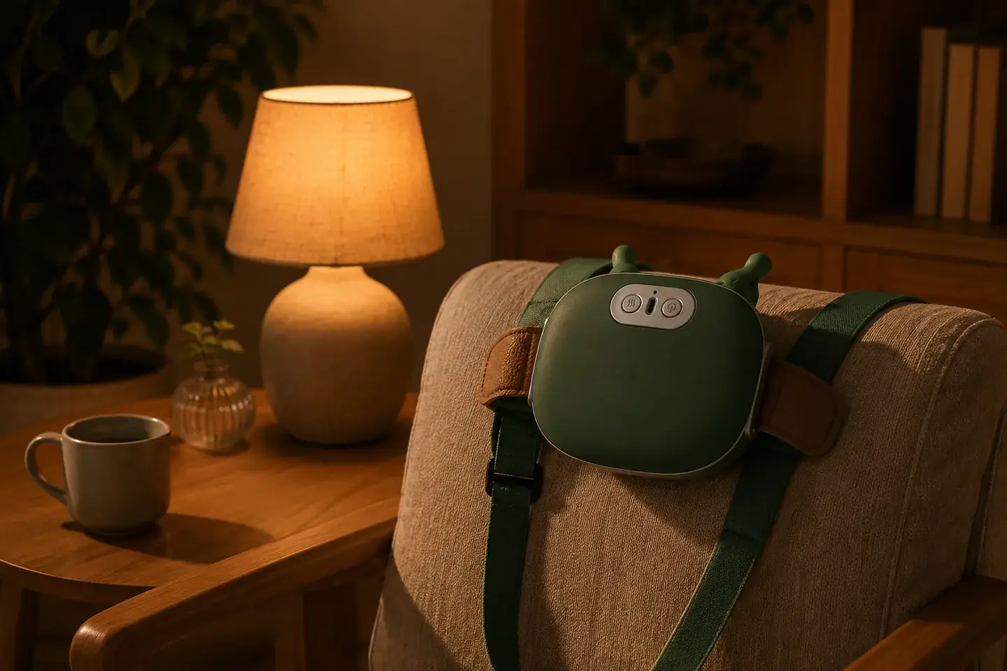 Das Massagegerät liegt über einer Sofalehne, daneben eine Leuchte und eine Tasse