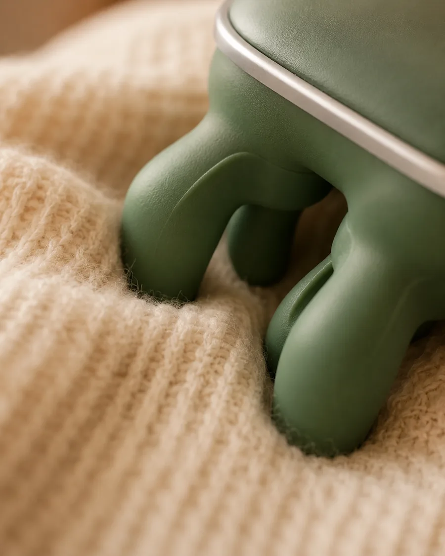 Nahaufnahme der grünen Silikonfinger auf einer Strickdecke