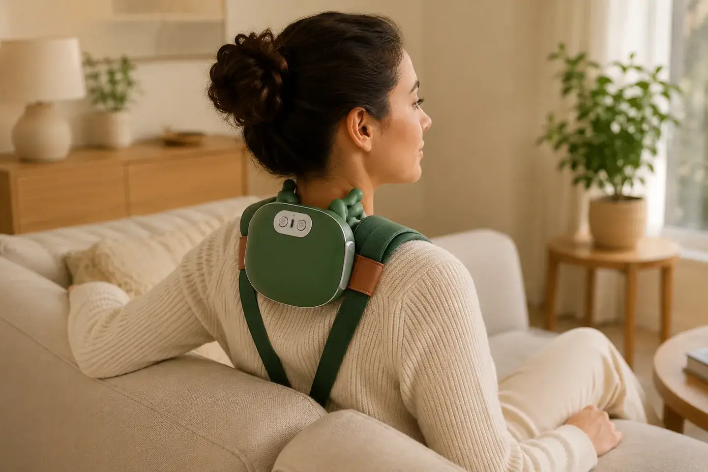 Eine Frau sitzt auf dem Sofa und trägt das Massagegerät, Dreiviertelansicht von hinten