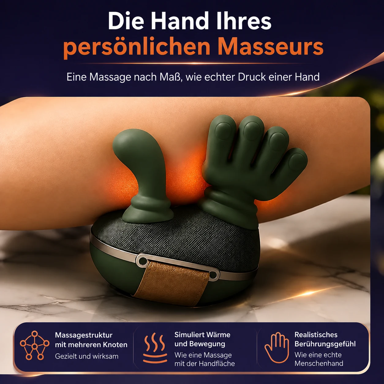 Die Hand Ihres persönlichen Masseurs: Massagestruktur mit mehreren Knoten, simulierte Wärme und Bewegung