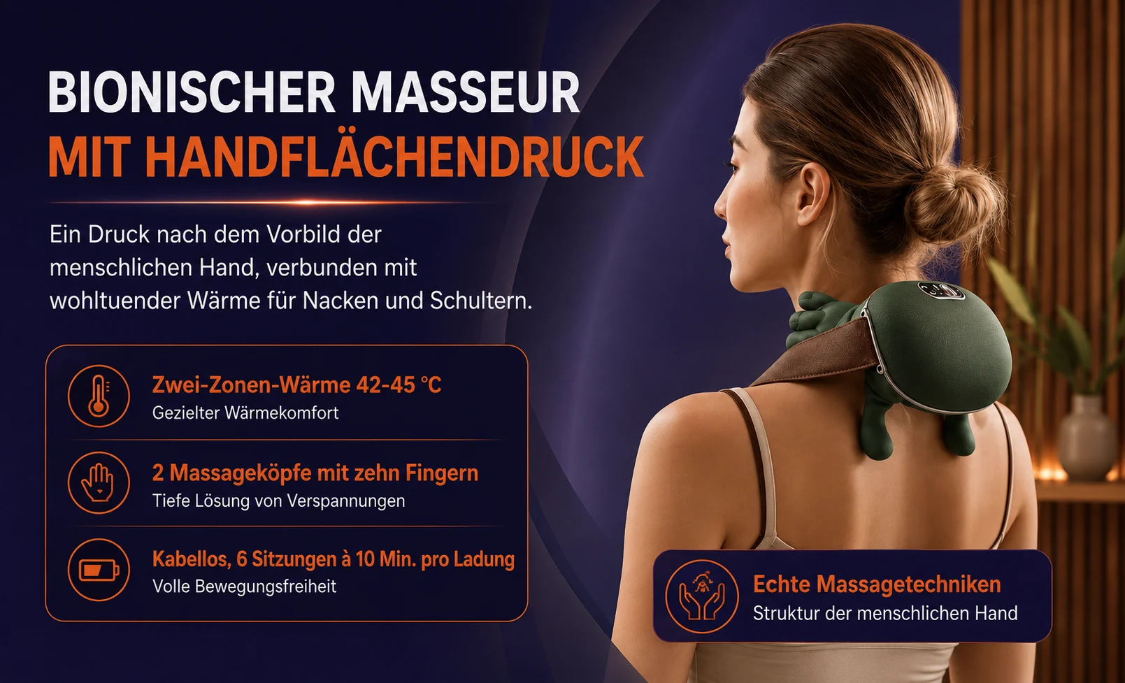Bionischer Masseur mit Handflächendruck: Zwei-Zonen-Wärme, zwei Massageköpfe, kabellos