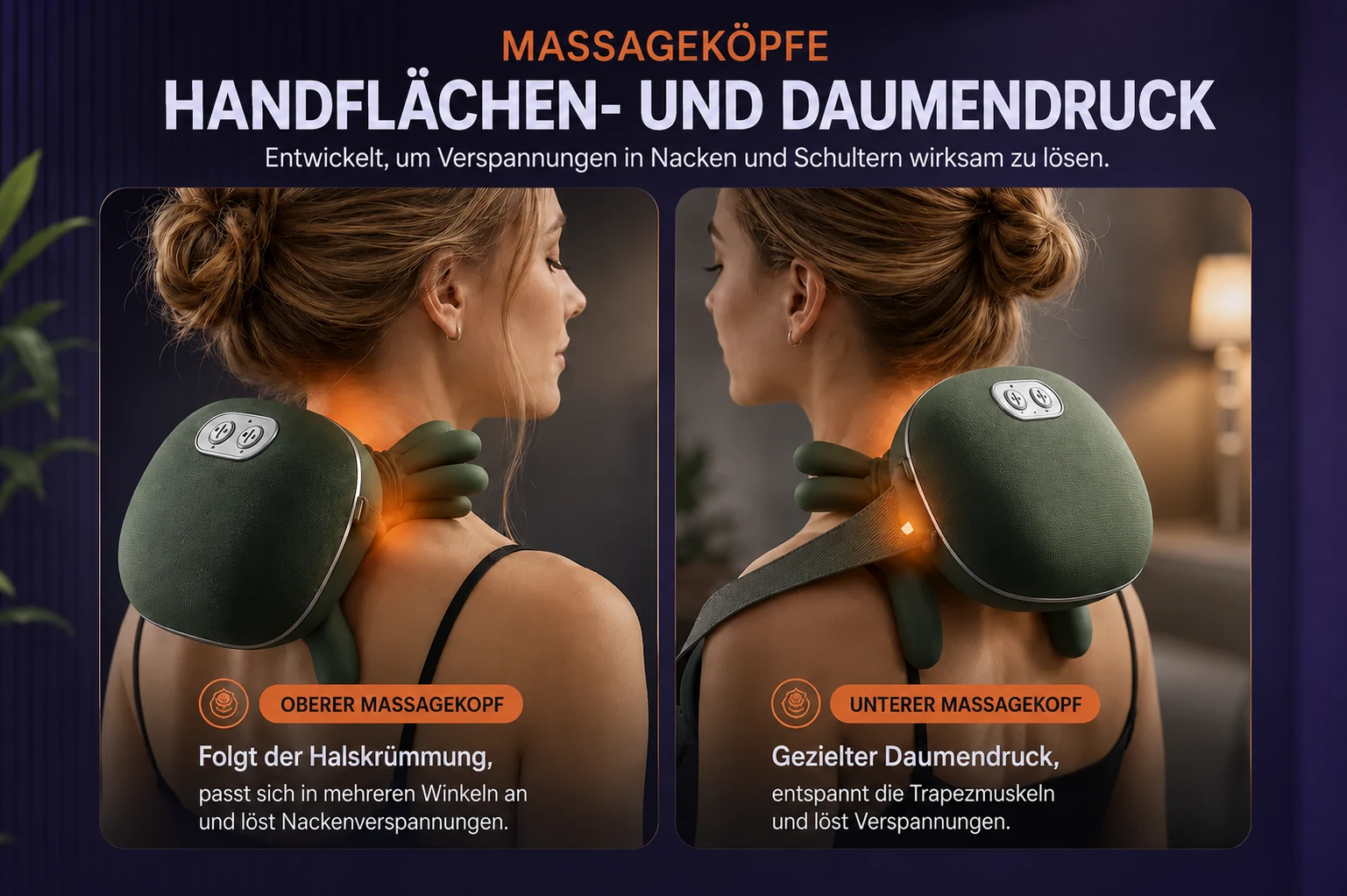 Massageköpfe mit Handflächen- und Daumendruck: der obere folgt der Halskrümmung, der untere drückt den Trapezmuskel